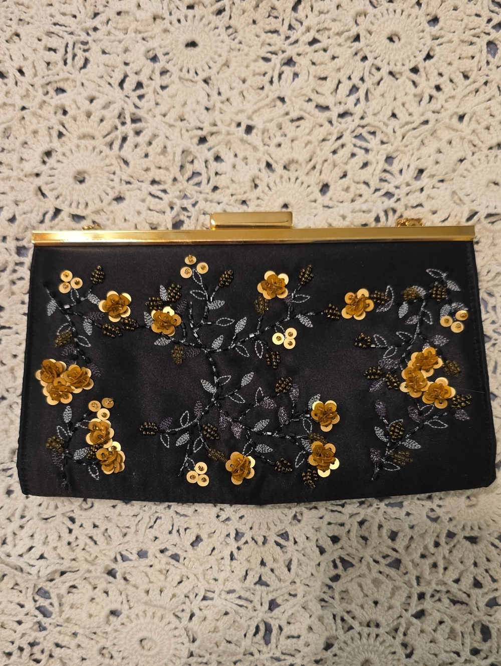 Bloomingdale's Black Satin Clutch with Gold Sequin Floral Accents